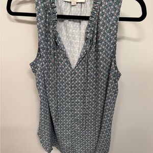 LOFT Mixed Media Tie-Neck Shell V-Neck Blouse Geometric Print Size Large